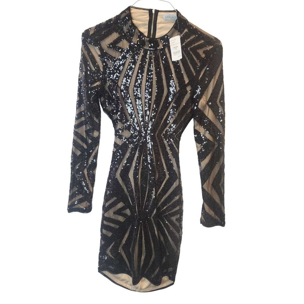 Paradiso Black Sequin Geometric Open Back Mini Dress Long Sleeve Womens M NWT‎